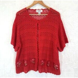 Vtg Crochet Sweater Open Knit Embroidered Flowers Mesh Red 90s Teddi 2X
